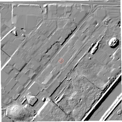 Shaded relief map of the ground around CH14NW, computed from Environment Agency LiDAR. The ground here sits at about 6 m above sea level and falls 12 m across the surrounding 800 m. Surface water reaching this point runs off ground lying to the east-north-east, 1.3 m higher.