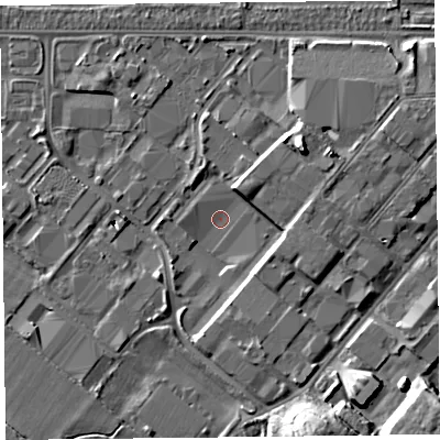Shaded relief map of the ground around CH14PA, computed from Environment Agency LiDAR. The ground here sits at about 4 m above sea level and falls 9 m across the surrounding 800 m. Surface water reaching this point runs off ground lying to the north-east, 3.9 m higher.
