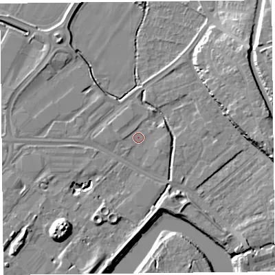 Shaded relief map of the ground around CH14PG, computed from Environment Agency LiDAR. The ground here sits at about 5 m above sea level and falls 15 m across the surrounding 800 m. Surface water reaching this point runs off ground lying to the east-north-east, 2.0 m higher.