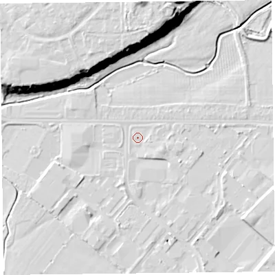 Shaded relief map of the ground around CH14PH, computed from Environment Agency LiDAR. The ground here sits at about 4 m above sea level and falls 21 m across the surrounding 800 m. Surface water reaching this point runs off ground lying to the south-east, 1.7 m higher.