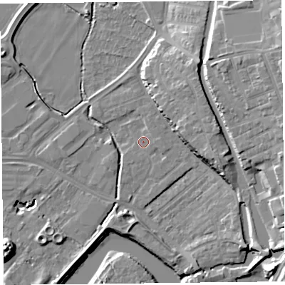 Shaded relief map of the ground around CH14PL, computed from Environment Agency LiDAR. The ground here sits at about 6 m above sea level and falls 18 m across the surrounding 800 m. Surface water reaching this point runs off ground lying to the east, 1.2 m higher.