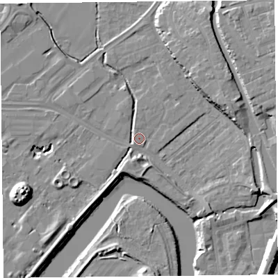 Shaded relief map of the ground around CH14PR, computed from Environment Agency LiDAR. The ground here sits at about 6 m above sea level and falls 16 m across the surrounding 800 m. Surface water reaching this point runs off ground lying to the north-east, 12.1 m higher.