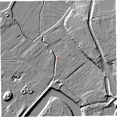 Shaded relief map of the ground around CH14PS, computed from Environment Agency LiDAR. The ground here sits at about 6 m above sea level and falls 16 m across the surrounding 800 m. Surface water reaching this point runs off ground lying to the east-north-east, 2.9 m higher.