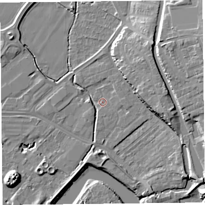 Shaded relief map of the ground around CH14PT, computed from Environment Agency LiDAR. The ground here sits at about 6 m above sea level and falls 16 m across the surrounding 800 m. Surface water reaching this point runs off ground lying to the east, 1.3 m higher.