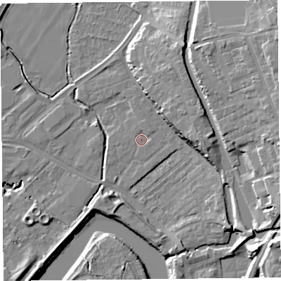 Shaded relief map of the ground around CH14PU, computed from Environment Agency LiDAR. The ground here sits at about 6 m above sea level and falls 19 m across the surrounding 800 m. Surface water reaching this point runs off ground lying to the north-north-east, 1.1 m higher.