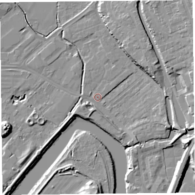 Shaded relief map of the ground around CH14PY, computed from Environment Agency LiDAR. The ground here sits at about 5 m above sea level and falls 17 m across the surrounding 800 m. Surface water reaching this point runs off ground lying to the east-north-east, 13.1 m higher.