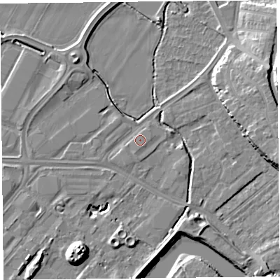 Shaded relief map of the ground around CH14PZ, computed from Environment Agency LiDAR. The ground here sits at about 6 m above sea level and falls 14 m across the surrounding 800 m. Surface water reaching this point runs off ground lying to the south-south-east, 0.8 m higher.