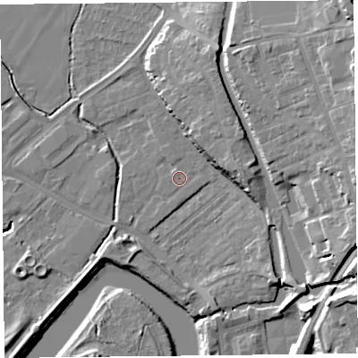 Shaded relief map of the ground around CH14QB, computed from Environment Agency LiDAR. The ground here sits at about 6 m above sea level and falls 21 m across the surrounding 800 m. Surface water reaching this point runs off ground lying to the north, 0.7 m higher.
