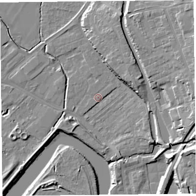 Shaded relief map of the ground around CH14QD, computed from Environment Agency LiDAR. The ground here sits at about 6 m above sea level and falls 20 m across the surrounding 800 m. Surface water reaching this point runs off ground lying to the north, 0.9 m higher.