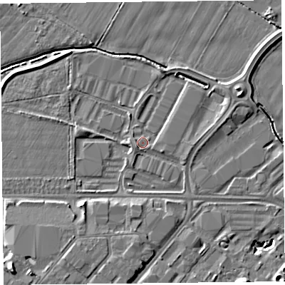 Shaded relief map of the ground around CH14QG, computed from Environment Agency LiDAR. The ground here sits at about 5 m above sea level and falls 9 m across the surrounding 800 m. Surface water reaching this point runs off ground lying to the east-south-east, 1.5 m higher.