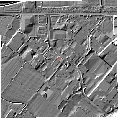 Shaded relief map of the ground around CH14QJ, computed from Environment Agency LiDAR. The ground here sits at about 5 m above sea level and falls 7 m across the surrounding 800 m. Surface water reaching this point runs off ground lying to the east, 5.1 m higher.