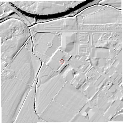 Shaded relief map of the ground around CH14QL, computed from Environment Agency LiDAR. The ground here sits at about 5 m above sea level and falls 15 m across the surrounding 800 m. Surface water reaching this point runs off ground lying to the south-south-east, 1.2 m higher.