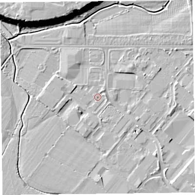 Shaded relief map of the ground around CH14QN, computed from Environment Agency LiDAR. The ground here sits at about 4 m above sea level and falls 15 m across the surrounding 800 m. Surface water reaching this point runs off ground lying to the north-east, 1.4 m higher.