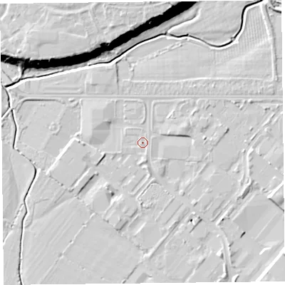 Shaded relief map of the ground around CH14QP, computed from Environment Agency LiDAR. The ground here sits at about 4 m above sea level and falls 18 m across the surrounding 800 m. The ground contributing surface water to this point lies to the south-west.