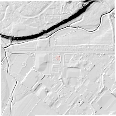 Shaded relief map of the ground around CH14QR, computed from Environment Agency LiDAR. The ground here sits at about 4 m above sea level and falls 21 m across the surrounding 800 m. Surface water reaching this point runs off ground lying to the east-south-east, 1.7 m higher.