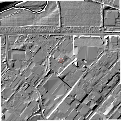 Shaded relief map of the ground around CH14QS, computed from Environment Agency LiDAR. The ground here sits at about 5 m above sea level and falls 15 m across the surrounding 800 m. Surface water reaching this point runs off ground lying to the east-south-east, 5.3 m higher.