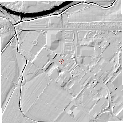 Shaded relief map of the ground around CH14QT, computed from Environment Agency LiDAR. The ground here sits at about 4 m above sea level and falls 15 m across the surrounding 800 m. Surface water reaching this point runs off ground lying to the east-north-east, 1.4 m higher.