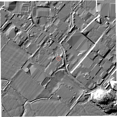 Shaded relief map of the ground around CH14QX, computed from Environment Agency LiDAR. The ground here sits at about 5 m above sea level and falls 9 m across the surrounding 800 m. Surface water reaching this point runs off ground lying to the west, 0.6 m higher.