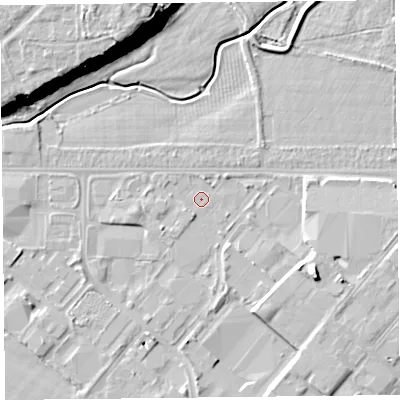 Shaded relief map of the ground around CH14RJ, computed from Environment Agency LiDAR. The ground here sits at about 4 m above sea level and falls 19 m across the surrounding 800 m. Surface water reaching this point runs off ground lying to the south-east, 5.5 m higher.