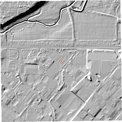Shaded relief map of the ground around CH14RL, computed from Environment Agency LiDAR. The ground here sits at about 4 m above sea level and falls 19 m across the surrounding 800 m. Surface water reaching this point runs off ground lying to the south-east, 5.4 m higher.