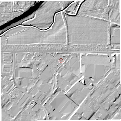 Shaded relief map of the ground around CH14RN, computed from Environment Agency LiDAR. The ground here sits at about 4 m above sea level and falls 19 m across the surrounding 800 m. Surface water reaching this point runs off ground lying to the south-east, 5.4 m higher.