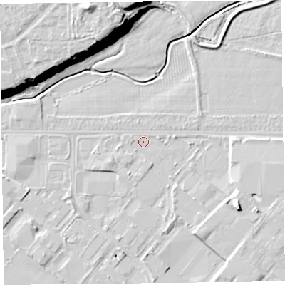 Shaded relief map of the ground around CH14RW, computed from Environment Agency LiDAR. The ground here sits at about 4 m above sea level and falls 21 m across the surrounding 800 m. Surface water reaching this point runs off ground lying to the south-east, 5.5 m higher.