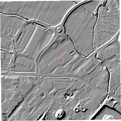 Shaded relief map of the ground around CH14RY, computed from Environment Agency LiDAR. The ground here sits at about 5 m above sea level and falls 13 m across the surrounding 800 m. Surface water reaching this point runs off ground lying to the north, 3.6 m higher.