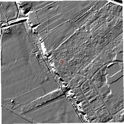 Shaded relief map of the ground around CH15AH, computed from Environment Agency LiDAR. The ground here sits at about 15 m above sea level and falls 20 m across the surrounding 800 m. Surface water reaching this point runs off ground lying to the north-east, 8.6 m higher.