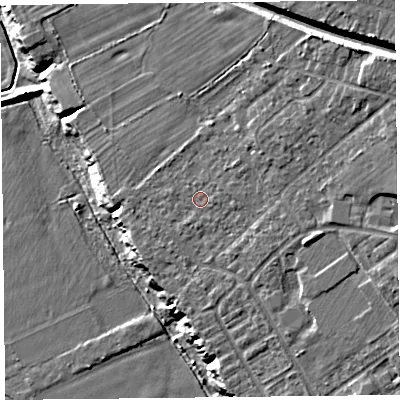 Shaded relief map of the ground around CH15AJ, computed from Environment Agency LiDAR. The ground here sits at about 15 m above sea level and falls 21 m across the surrounding 800 m. Surface water reaching this point runs off ground lying to the north-east, 9.1 m higher.