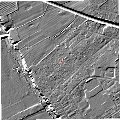 Shaded relief map of the ground around CH15AL, computed from Environment Agency LiDAR. The ground here sits at about 16 m above sea level and falls 21 m across the surrounding 800 m. Surface water reaching this point runs off ground lying to the east-north-east, 8.2 m higher.