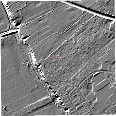 Shaded relief map of the ground around CH15AN, computed from Environment Agency LiDAR. The ground here sits at about 15 m above sea level and falls 21 m across the surrounding 800 m. Surface water reaching this point runs off ground lying to the north-east, 6.3 m higher.