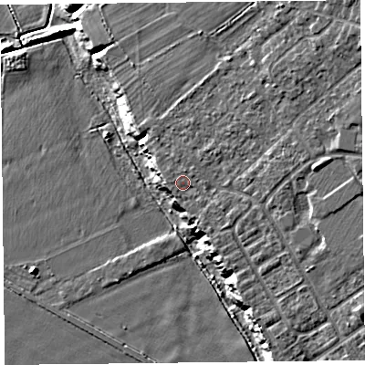 Shaded relief map of the ground around CH15AP, computed from Environment Agency LiDAR. The ground here sits at about 14 m above sea level and falls 19 m across the surrounding 800 m. Surface water reaching this point runs off ground lying to the north-east, 8.6 m higher.