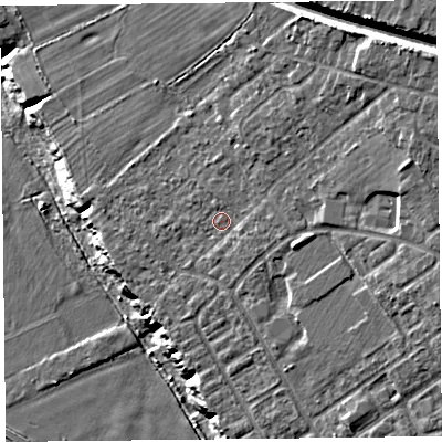 Shaded relief map of the ground around CH15AQ, computed from Environment Agency LiDAR. The ground here sits at about 16 m above sea level and falls 21 m across the surrounding 800 m. Surface water reaching this point runs off ground lying to the north-east, 9.1 m higher.