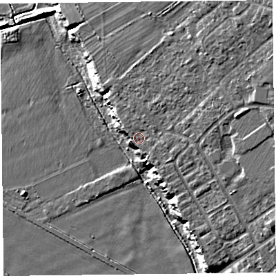 Shaded relief map of the ground around CH15AR, computed from Environment Agency LiDAR. The ground here sits at about 14 m above sea level and falls 19 m across the surrounding 800 m. Surface water reaching this point runs off ground lying to the north-east, 9.6 m higher.