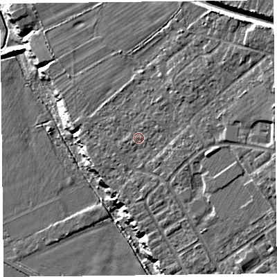 Shaded relief map of the ground around CH15AW, computed from Environment Agency LiDAR. The ground here sits at about 15 m above sea level and falls 21 m across the surrounding 800 m. Surface water reaching this point runs off ground lying to the north-east, 1.5 m higher.