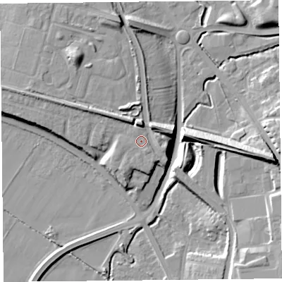 Shaded relief map of the ground around CH15DR, computed from Environment Agency LiDAR. The ground here sits at about 11 m above sea level and falls 16 m across the surrounding 800 m. Surface water reaching this point runs off ground lying to the east-south-east, 1.5 m higher.
