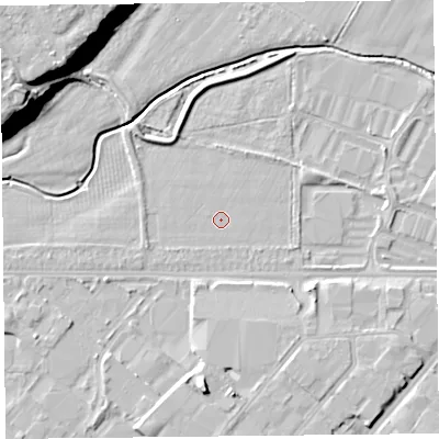 Shaded relief map of the ground around CH15FE, computed from Environment Agency LiDAR. The ground here sits at about 5 m above sea level and falls 18 m across the surrounding 800 m. Surface water reaching this point runs off ground lying to the east-north-east, 1.4 m higher.