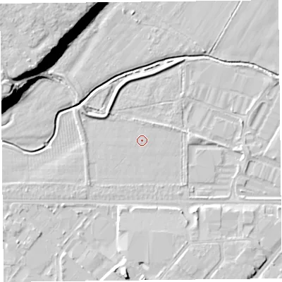 Shaded relief map of the ground around CH15FF, computed from Environment Agency LiDAR. The ground here sits at about 5 m above sea level and falls 19 m across the surrounding 800 m. Surface water reaching this point runs off ground lying to the east, 1.4 m higher.