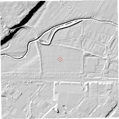 Shaded relief map of the ground around CH15FG, computed from Environment Agency LiDAR. The ground here sits at about 5 m above sea level and falls 19 m across the surrounding 800 m. Surface water reaching this point runs off ground lying to the east-north-east, 1.4 m higher.