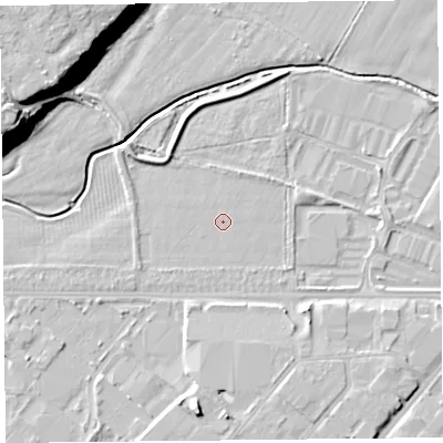 Shaded relief map of the ground around CH15FH, computed from Environment Agency LiDAR. The ground here sits at about 5 m above sea level and falls 18 m across the surrounding 800 m. Surface water reaching this point runs off ground lying to the east-north-east, 1.4 m higher.