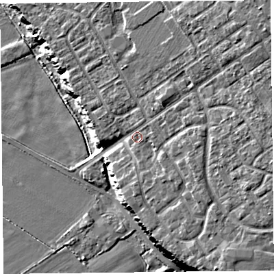 Shaded relief map of the ground around CH15QX, computed from Environment Agency LiDAR. The ground here sits at about 14 m above sea level and falls 19 m across the surrounding 800 m. Surface water reaching this point runs off ground lying to the north-east, 9.5 m higher.