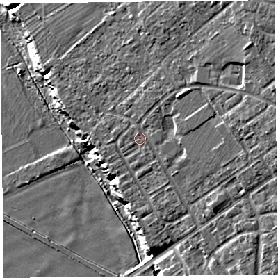 Shaded relief map of the ground around CH15SA, computed from Environment Agency LiDAR. The ground here sits at about 15 m above sea level and falls 20 m across the surrounding 800 m. Surface water reaching this point runs off ground lying to the north-north-east, 1.1 m higher.