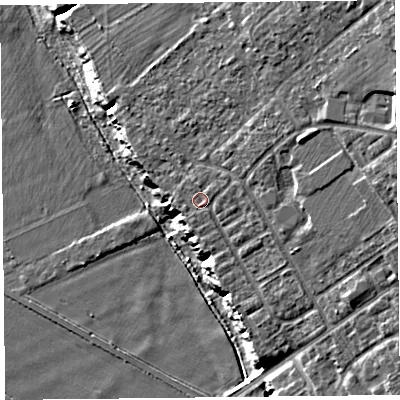 Shaded relief map of the ground around CH15SB, computed from Environment Agency LiDAR. The ground here sits at about 14 m above sea level and falls 19 m across the surrounding 800 m. Surface water reaching this point runs off ground lying to the north-east, 8.7 m higher.