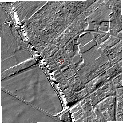 Shaded relief map of the ground around CH15SD, computed from Environment Agency LiDAR. The ground here sits at about 15 m above sea level and falls 20 m across the surrounding 800 m. Surface water reaching this point runs off ground lying to the north, 1.3 m higher.