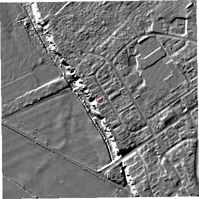 Shaded relief map of the ground around CH15SF, computed from Environment Agency LiDAR. The ground here sits at about 14 m above sea level and falls 19 m across the surrounding 800 m. Surface water reaching this point runs off ground lying to the north, 4.5 m higher.