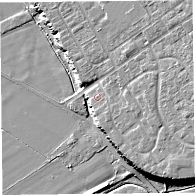 Shaded relief map of the ground around CH15ST, computed from Environment Agency LiDAR. The ground here sits at about 13 m above sea level and falls 20 m across the surrounding 800 m. Surface water reaching this point runs off ground lying to the south-east, 0.9 m higher.