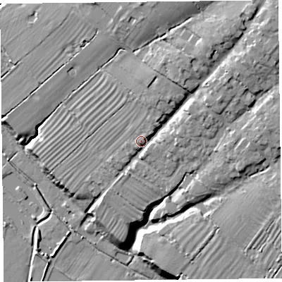 Shaded relief map of the ground around CH16BJ, computed from Environment Agency LiDAR. The ground here sits at about 18 m above sea level and falls 24 m across the surrounding 800 m. Surface water reaching this point runs off ground lying to the north-east, 11.9 m higher.