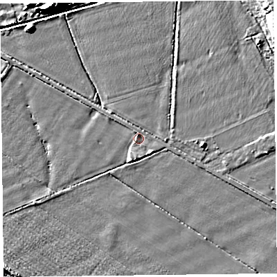 Shaded relief map of the ground around CH16BS, computed from Environment Agency LiDAR. The ground here sits at about 5 m above sea level and falls 11 m across the surrounding 800 m. Surface water reaching this point runs off ground lying to the south-west, 0.8 m higher.