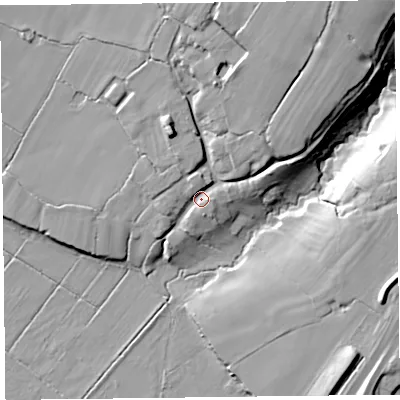 Shaded relief map of the ground around CH16HX, computed from Environment Agency LiDAR. The ground here sits at about 11 m above sea level and falls 25 m across the surrounding 800 m. Surface water reaching this point runs off ground lying to the north-east, 18.7 m higher.