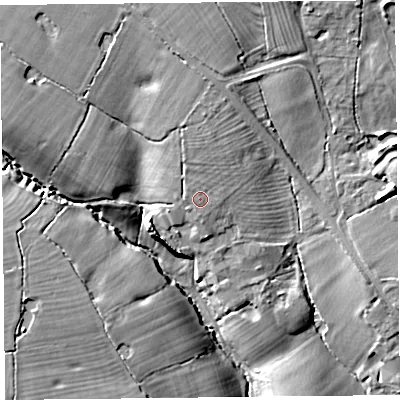 Shaded relief map of the ground around CH16NE, computed from Environment Agency LiDAR. The ground here sits at about 27 m above sea level and falls 16 m across the surrounding 800 m. Surface water reaching this point runs off ground lying to the north-west, 0.6 m higher.